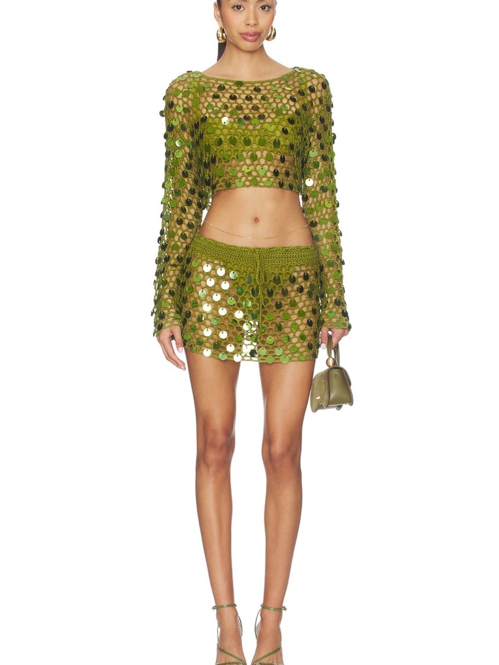 Olive Sequin Crochet Long-Sleeve Cover up Crop Top and Skirt set